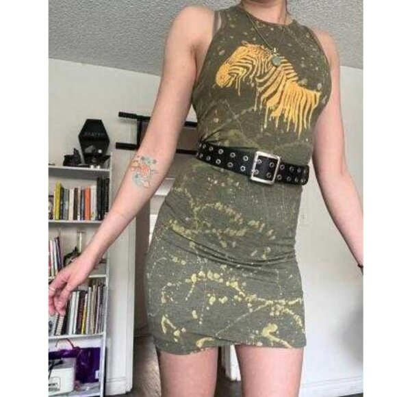 One of a Kind Zebra Dress Bleach Painted Reverse Dyed Bodycon Y2K Artcore Racer - Picture 10 of 12